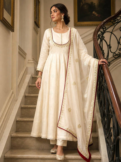 Designer Off-White Flared Anarkali Dress with Dupatta Set | Festive & Party Wear Ethnic Suit