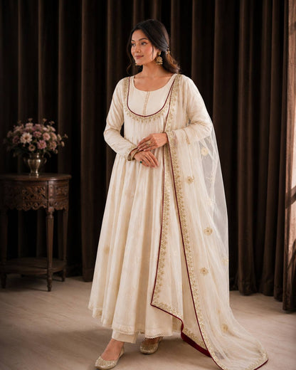 Designer Off-White Flared Anarkali Dress with Dupatta Set | Festive & Party Wear Ethnic Suit