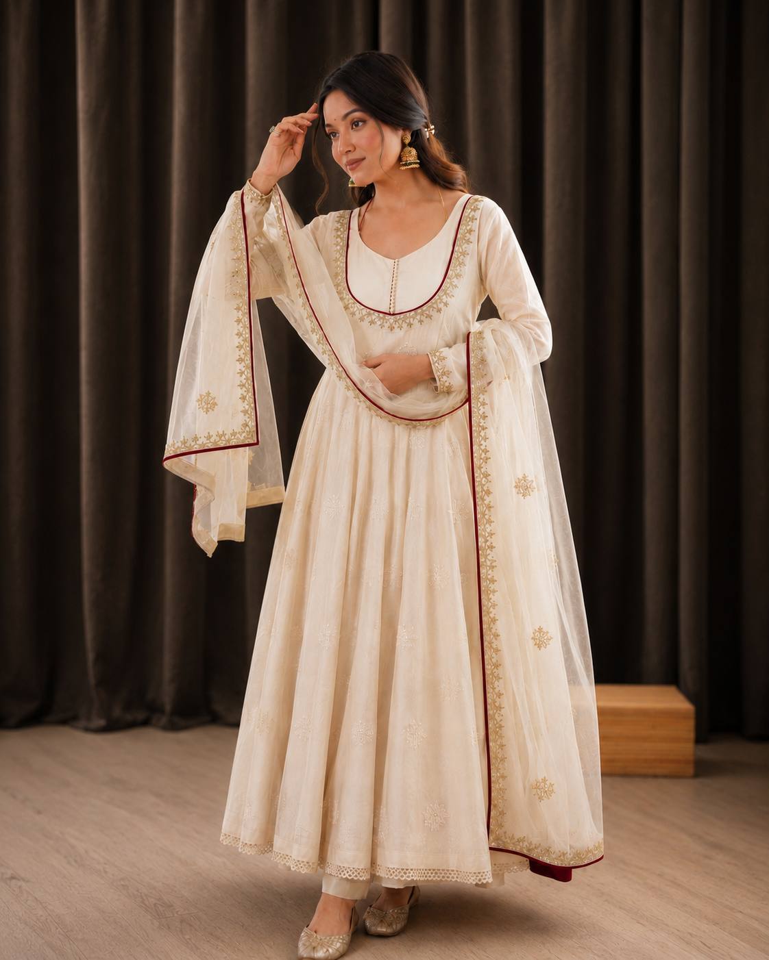 Designer Off-White Flared Anarkali Dress with Dupatta Set | Festive & Party Wear Ethnic Suit