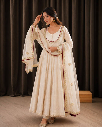 Designer Off-White Flared Anarkali Dress with Dupatta Set | Festive & Party Wear Ethnic Suit