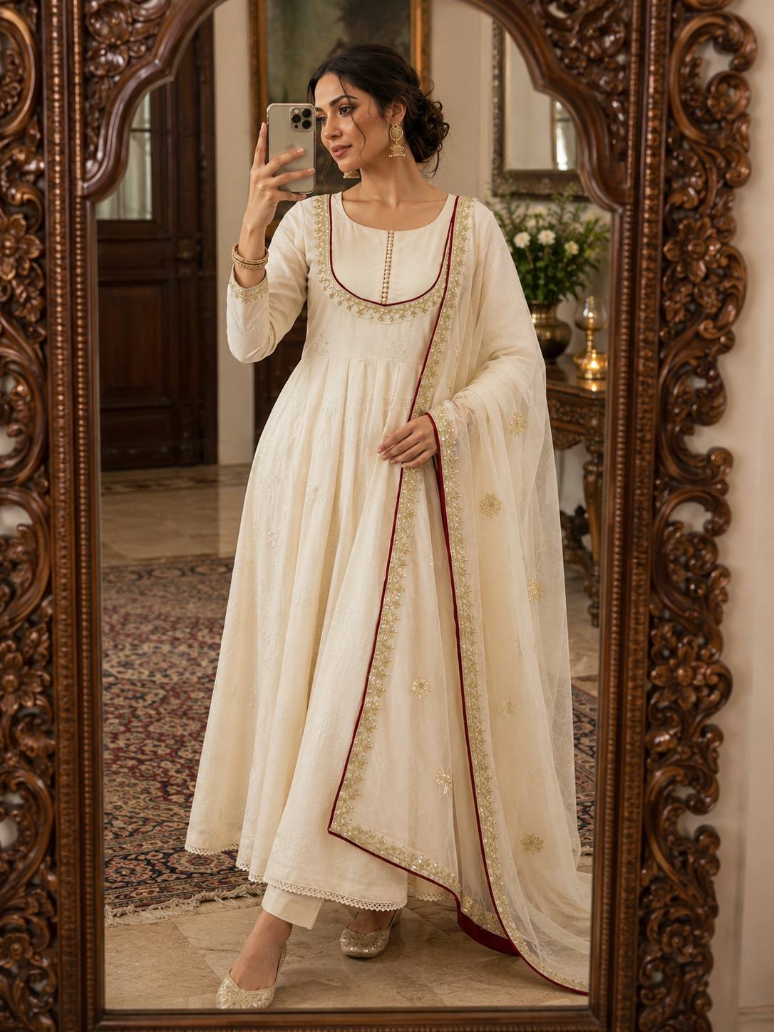 Designer Off-White Flared Anarkali Dress with Dupatta Set | Festive & Party Wear Ethnic Suit