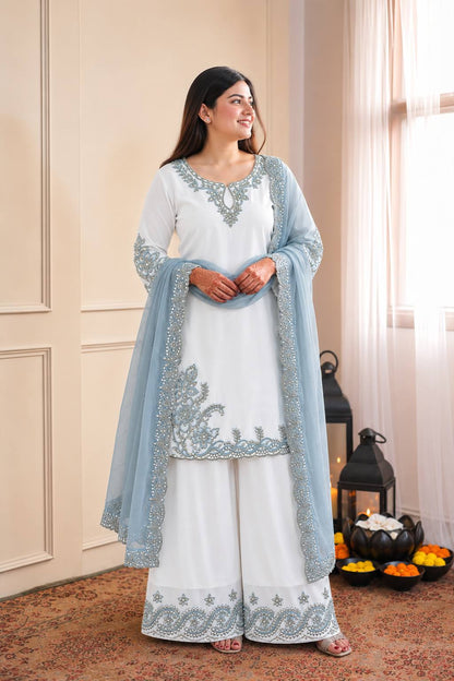 Designer White Ethnic Kurta Palazzo Set with Embroidered Dupatta (Set of 3 Colors)