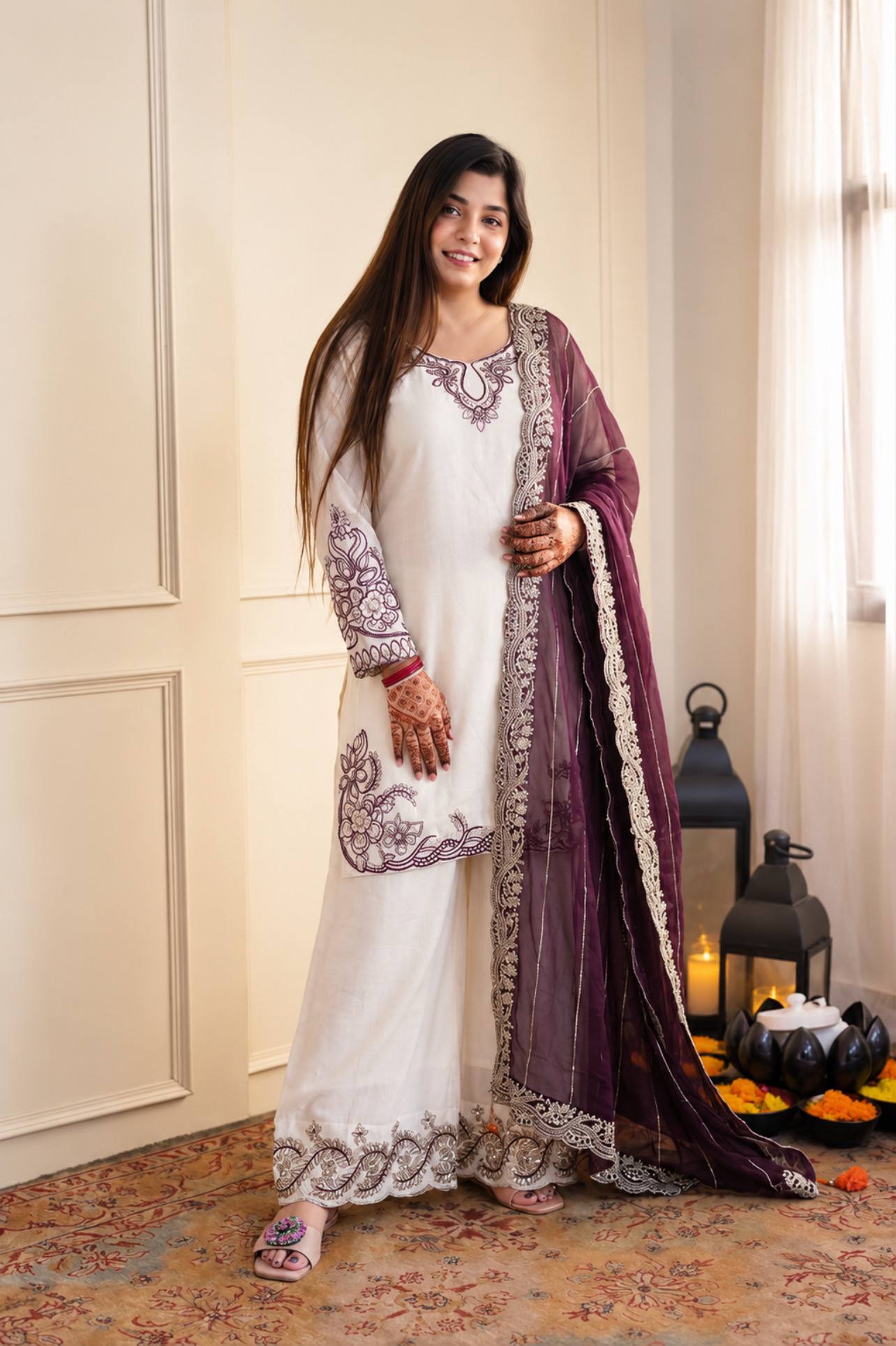 Designer White Ethnic Kurta Palazzo Set with Embroidered Dupatta (Set of 3 Colors)