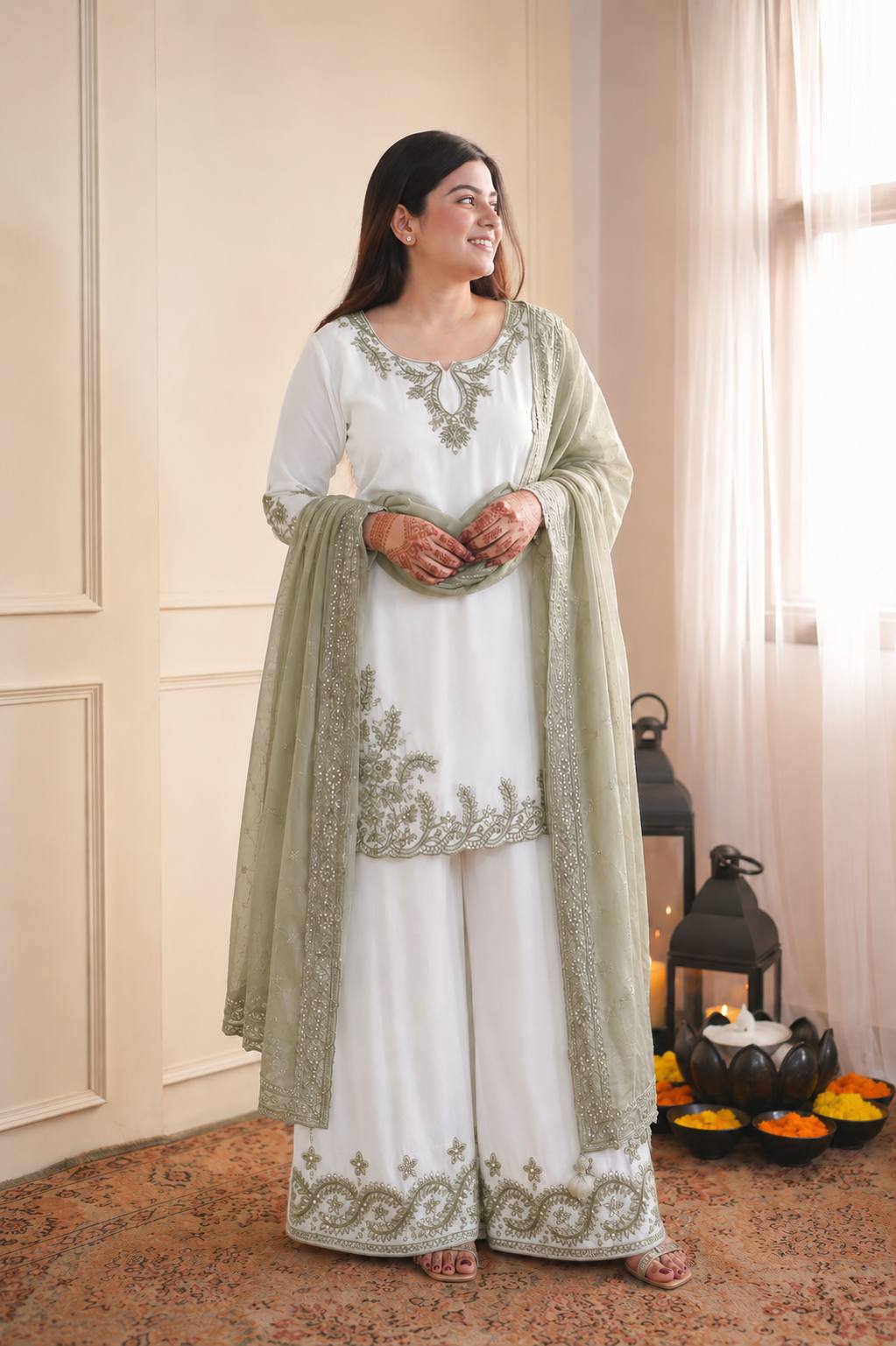 Designer White Ethnic Kurta Palazzo Set with Embroidered Dupatta (Set of 3 Colors)