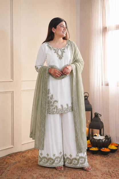 Designer White Ethnic Kurta Palazzo Set with Embroidered Dupatta (Set of 3 Colors)
