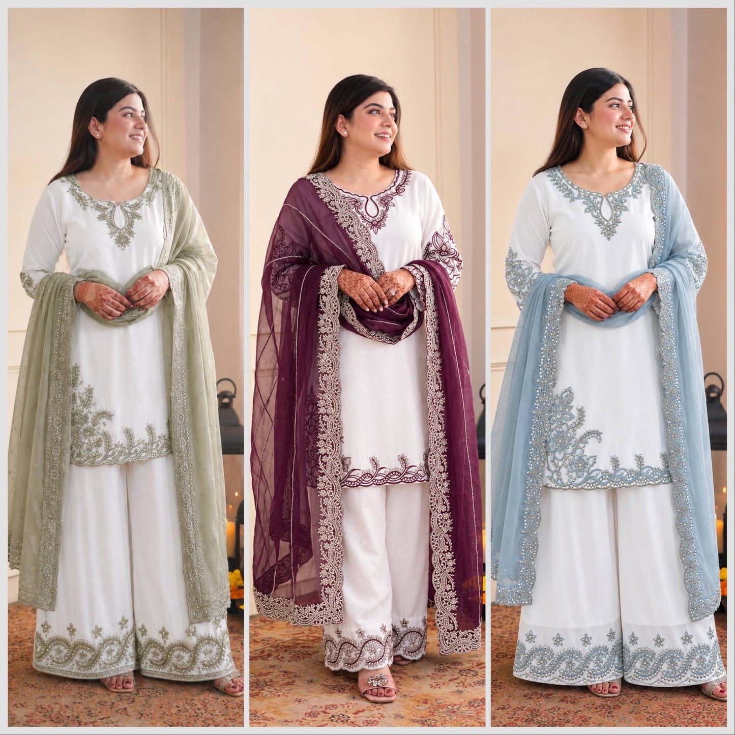 Designer White Ethnic Kurta Palazzo Set with Embroidered Dupatta (Set of 3 Colors)