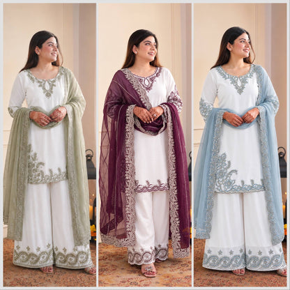 Designer White Ethnic Kurta Palazzo Set with Embroidered Dupatta (Set of 3 Colors)