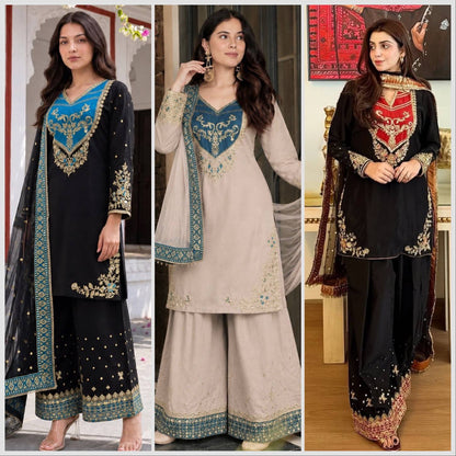 Designer Contrast Yoke Neck Embroidered Ethnic Suit Set with Dupatta for Women