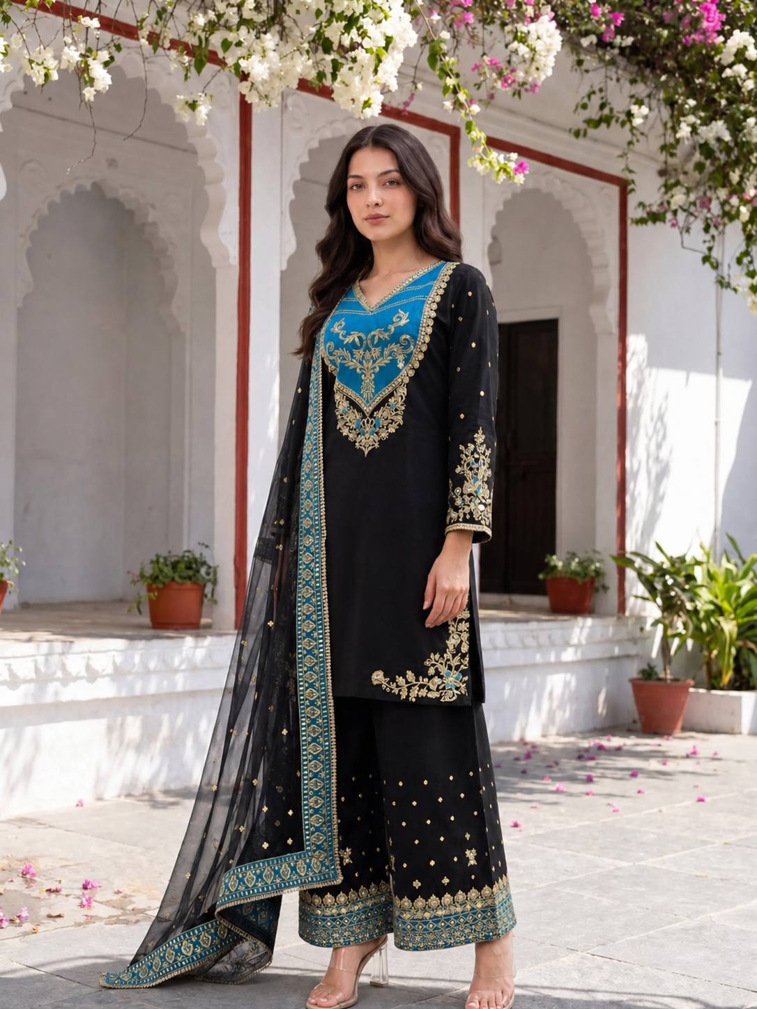Designer Contrast Yoke Neck Embroidered Ethnic Suit Set with Dupatta for Women