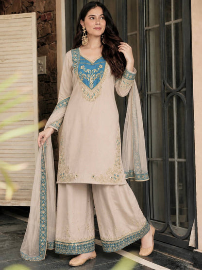 Designer Contrast Yoke Neck Embroidered Ethnic Suit Set with Dupatta for Women