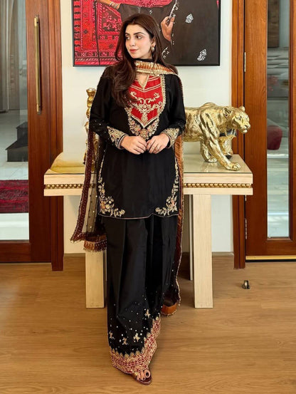 Designer Contrast Yoke Neck Embroidered Ethnic Suit Set with Dupatta for Women