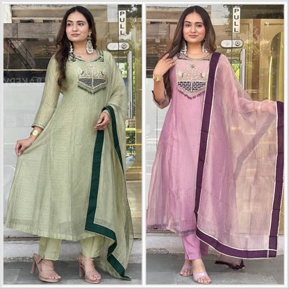 Premium Embroidered Straight Kurti Pant Set with Border Dupatta (Available in 2 Colors)