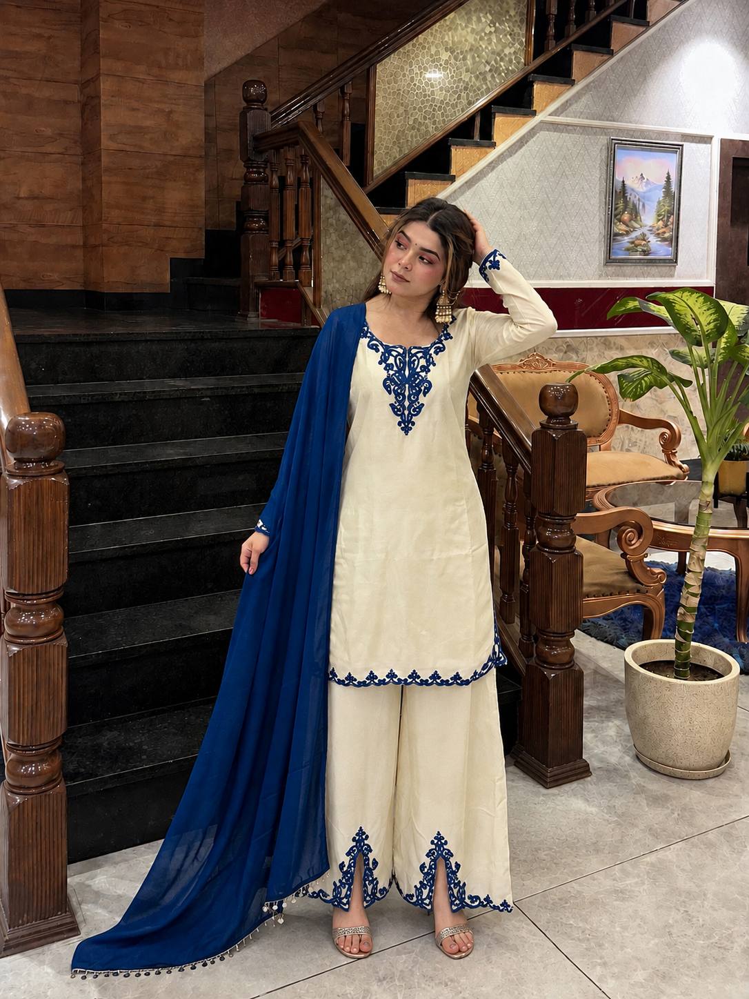 Women's Off-White & Royal Blue Cutwork Embroidered Kurta Palazzo Set with Dupatta