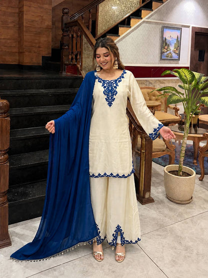 Women's Off-White & Royal Blue Cutwork Embroidered Kurta Palazzo Set with Dupatta