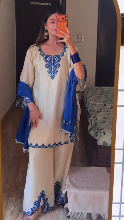 Women's Off-White & Royal Blue Cutwork Embroidered Kurta Palazzo Set with Dupatta