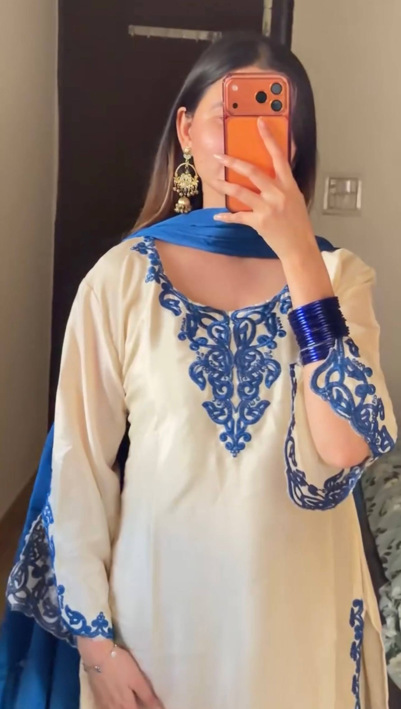 Women's Off-White & Royal Blue Cutwork Embroidered Kurta Palazzo Set with Dupatta