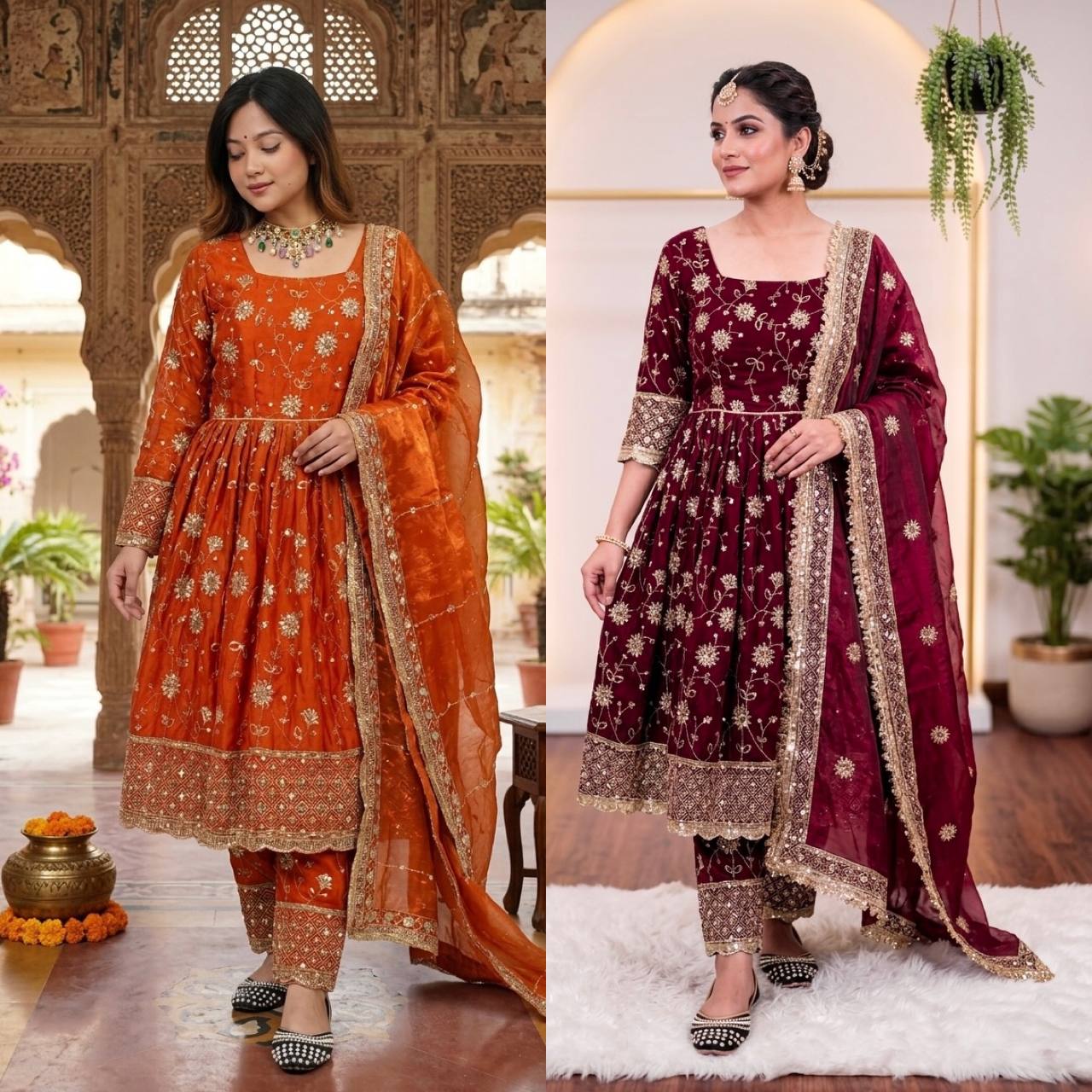 Women Heavy Embroidered Anarkali Suit Set with Pants & Dupatta (Available in Rust Orange & Maroon)