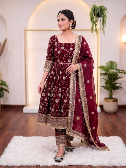 Women Heavy Embroidered Anarkali Suit Set with Pants & Dupatta (Available in Rust Orange & Maroon)