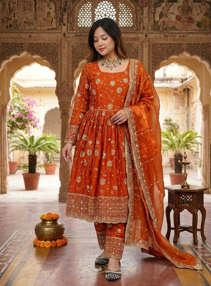 Women Heavy Embroidered Anarkali Suit Set with Pants & Dupatta (Available in Rust Orange & Maroon)