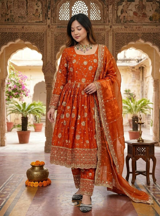 Women Heavy Embroidered Anarkali Suit Set with Pants & Dupatta (Available in Rust Orange & Maroon)