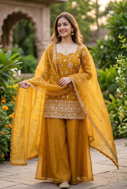 Women Golden Yellow Sequins Embroidered 3-Piece Festive Sharara Suit Set