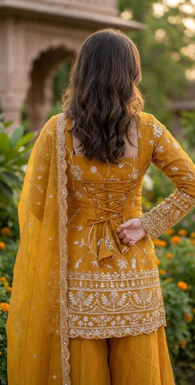 Women Golden Yellow Sequins Embroidered 3-Piece Festive Sharara Suit Set