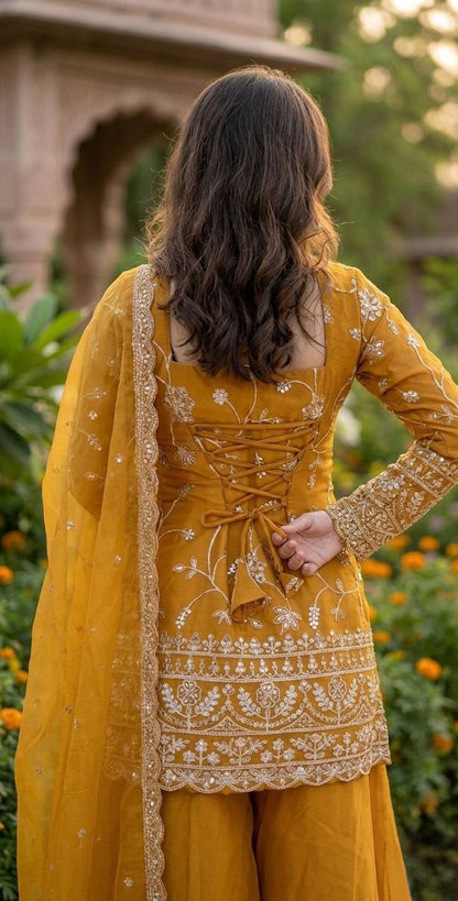 Women Golden Yellow Sequins Embroidered 3-Piece Festive Sharara Suit Set