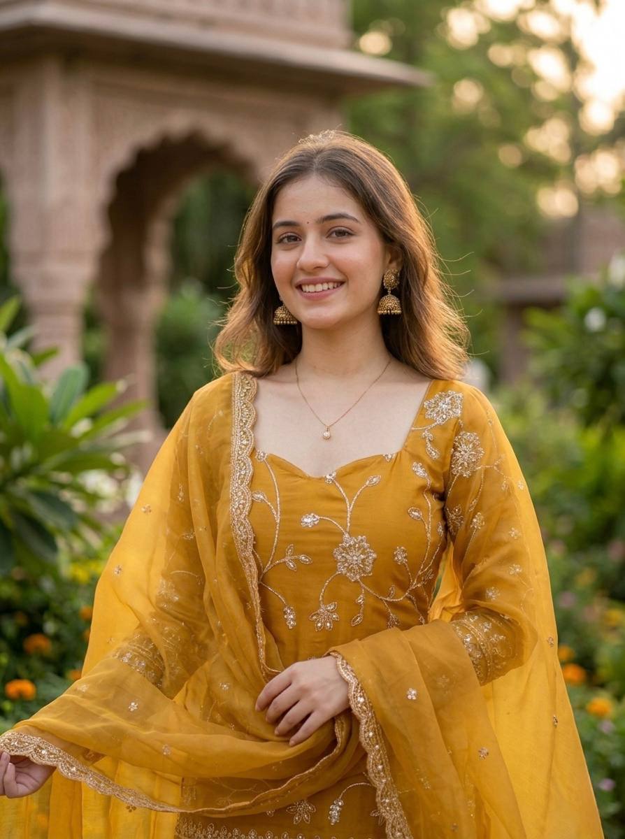 Women Golden Yellow Sequins Embroidered 3-Piece Festive Sharara Suit Set