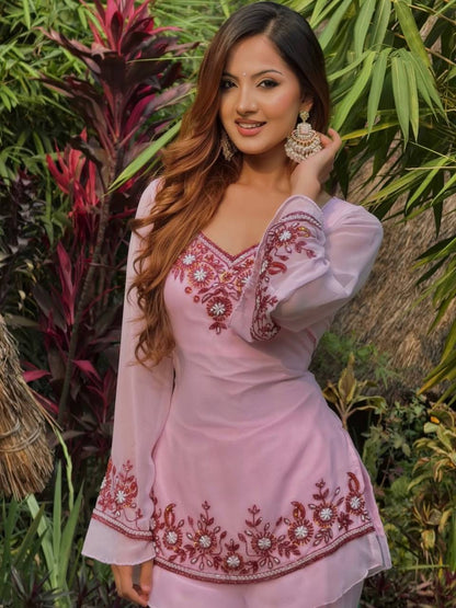 Elegant Pink Georgette Embroidered Tunic for Festive & Party Wear