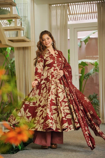 Women's Floral Print Short Anarkali & Coordinating Flared Pants Set