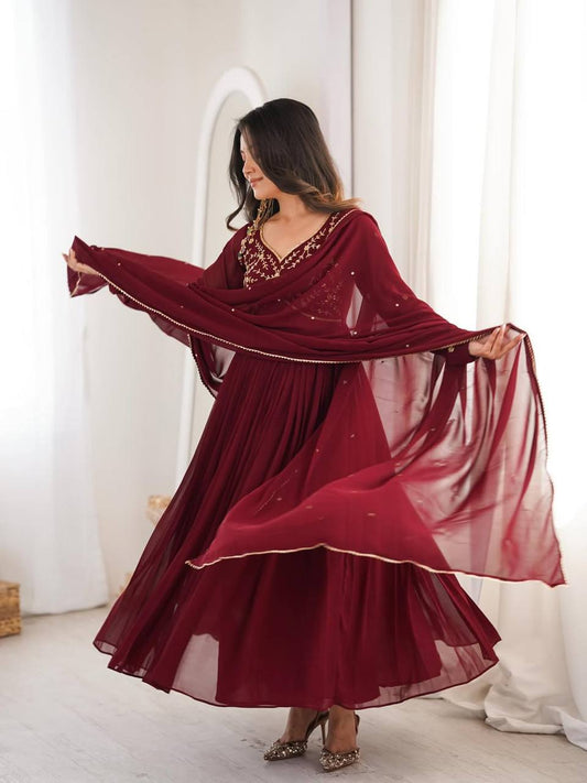 Royal Maroon Embroidered Georgette Anarkali Suit