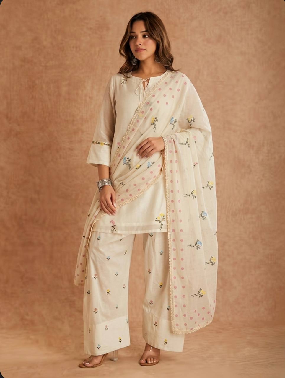 Off-White Tasseled Keyhole Short Kurti & Palazzo Suit Set