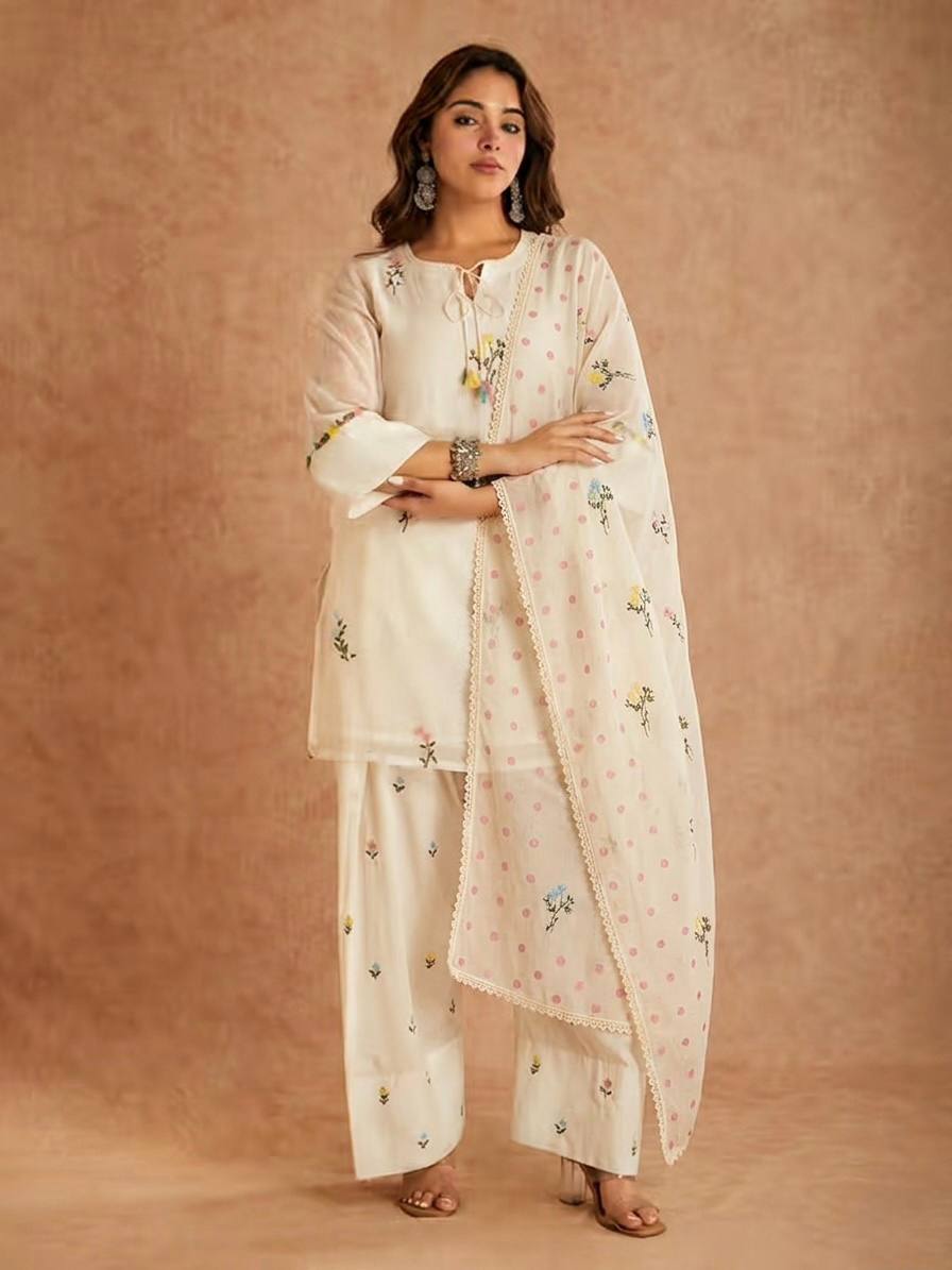 Off-White Tasseled Keyhole Short Kurti & Palazzo Suit Set