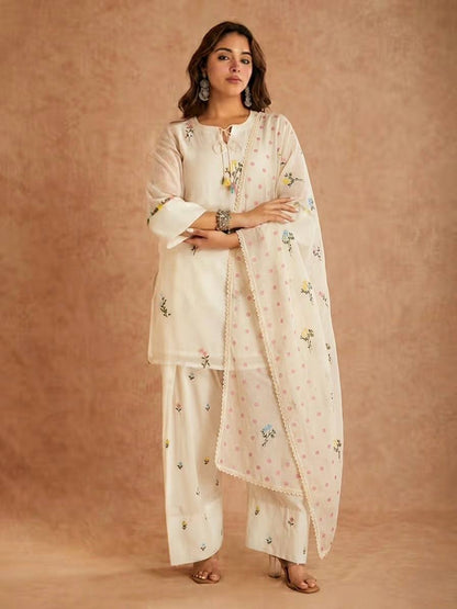 Off-White Tasseled Keyhole Short Kurti & Palazzo Suit Set