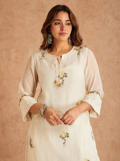 Off-White Tasseled Keyhole Short Kurti & Palazzo Suit Set