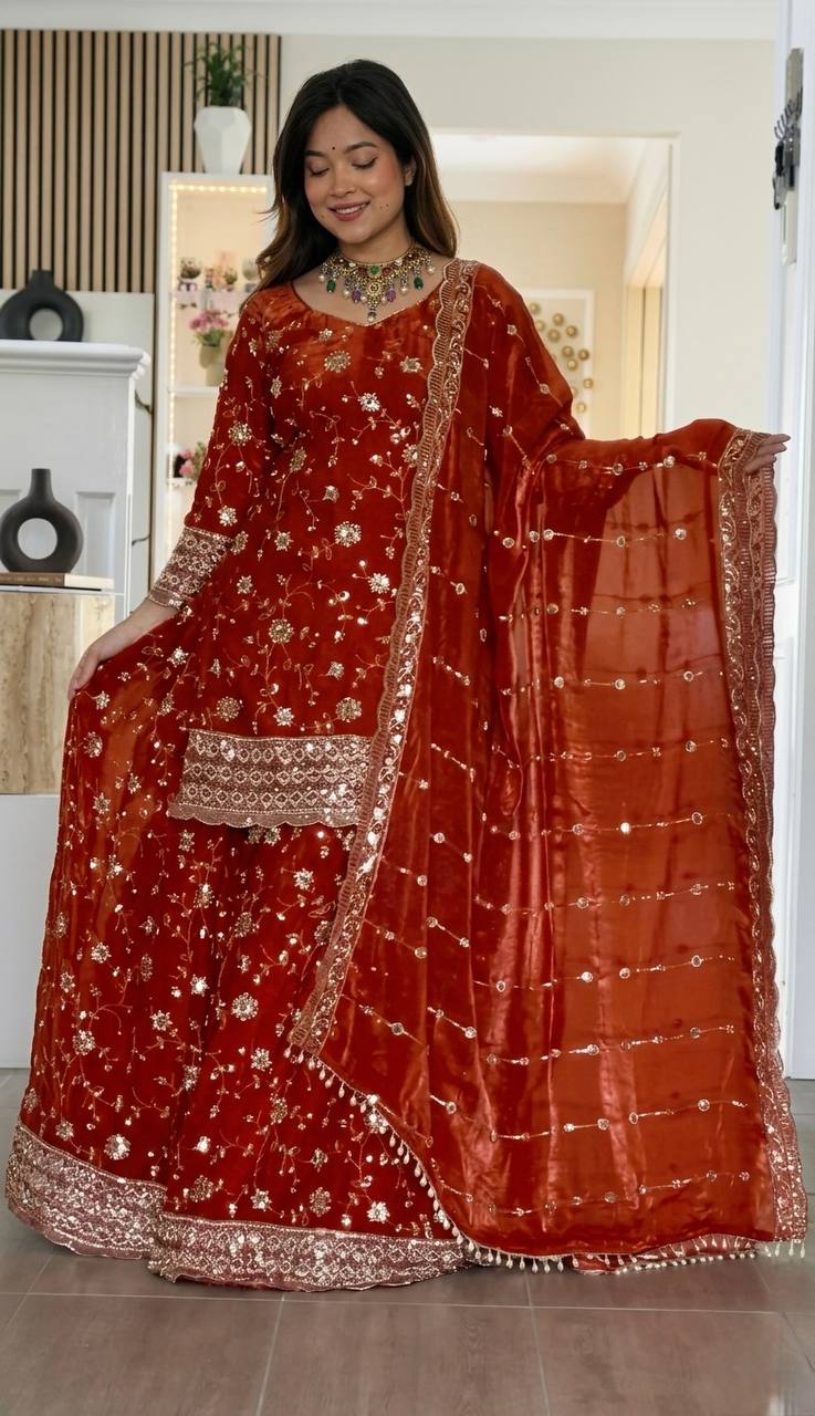 Rust Red Floral Sequin Embroidered Sharara Suit Set with Dupatta