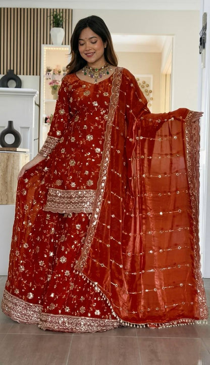Rust Red Floral Sequin Embroidered Sharara Suit Set with Dupatta