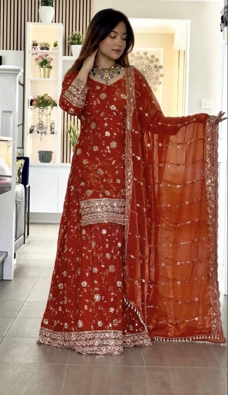 Rust Red Floral Sequin Embroidered Sharara Suit Set with Dupatta