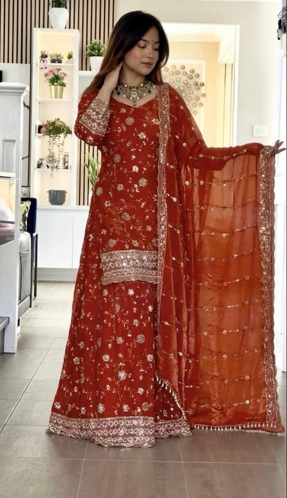 Rust Red Floral Sequin Embroidered Sharara Suit Set with Dupatta