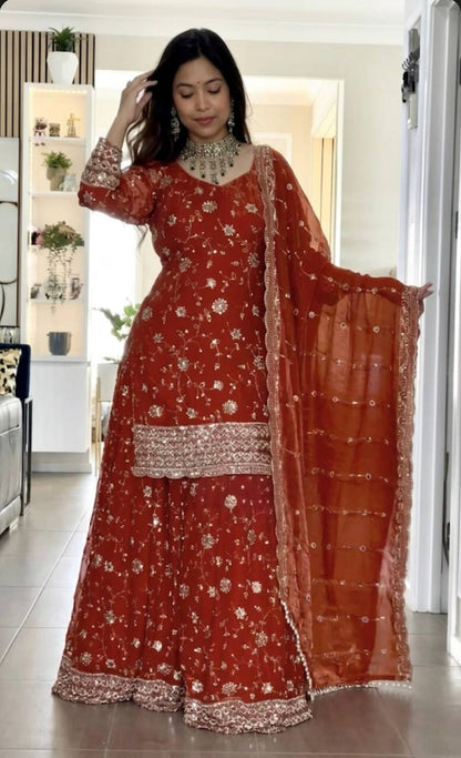 Rust Red Floral Sequin Embroidered Sharara Suit Set with Dupatta