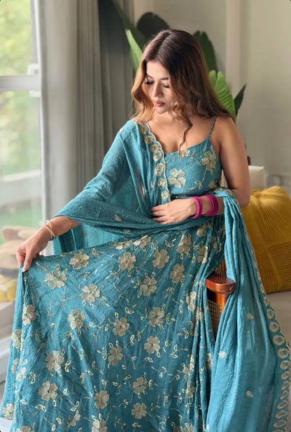 Ocean Teal Floral Embroidery Anarkali Set with Straight Pants | Party Wear Ethnic Suit