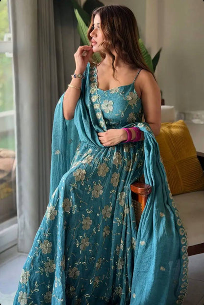 Ocean Teal Floral Embroidery Anarkali Set with Straight Pants | Party Wear Ethnic Suit