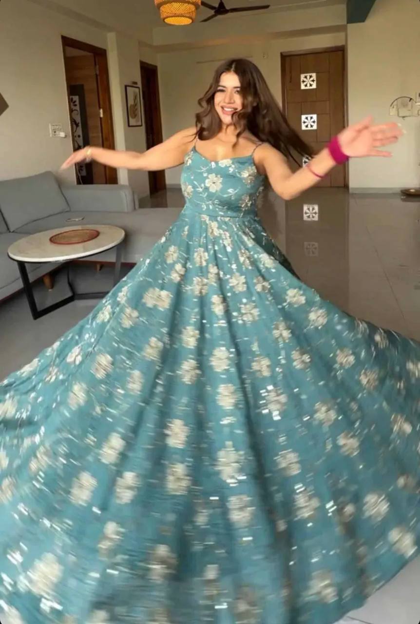 Ocean Teal Floral Embroidery Anarkali Set with Straight Pants | Party Wear Ethnic Suit