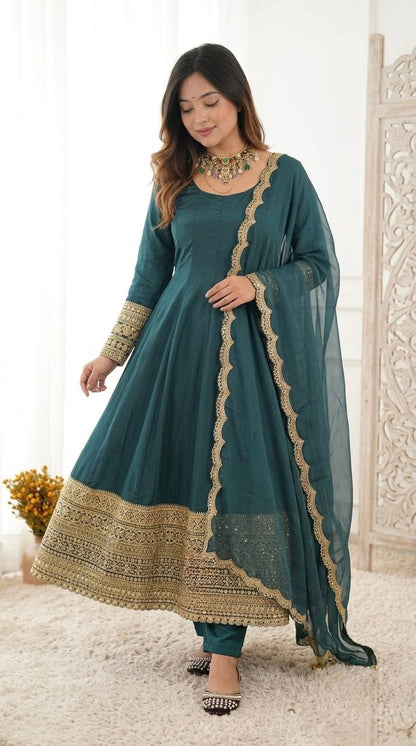 Deep Teal Green Anarkali Kurta with Heavy Gold Zari Border, Pants & Scalloped Dupatta | Festive Ethnic Wear