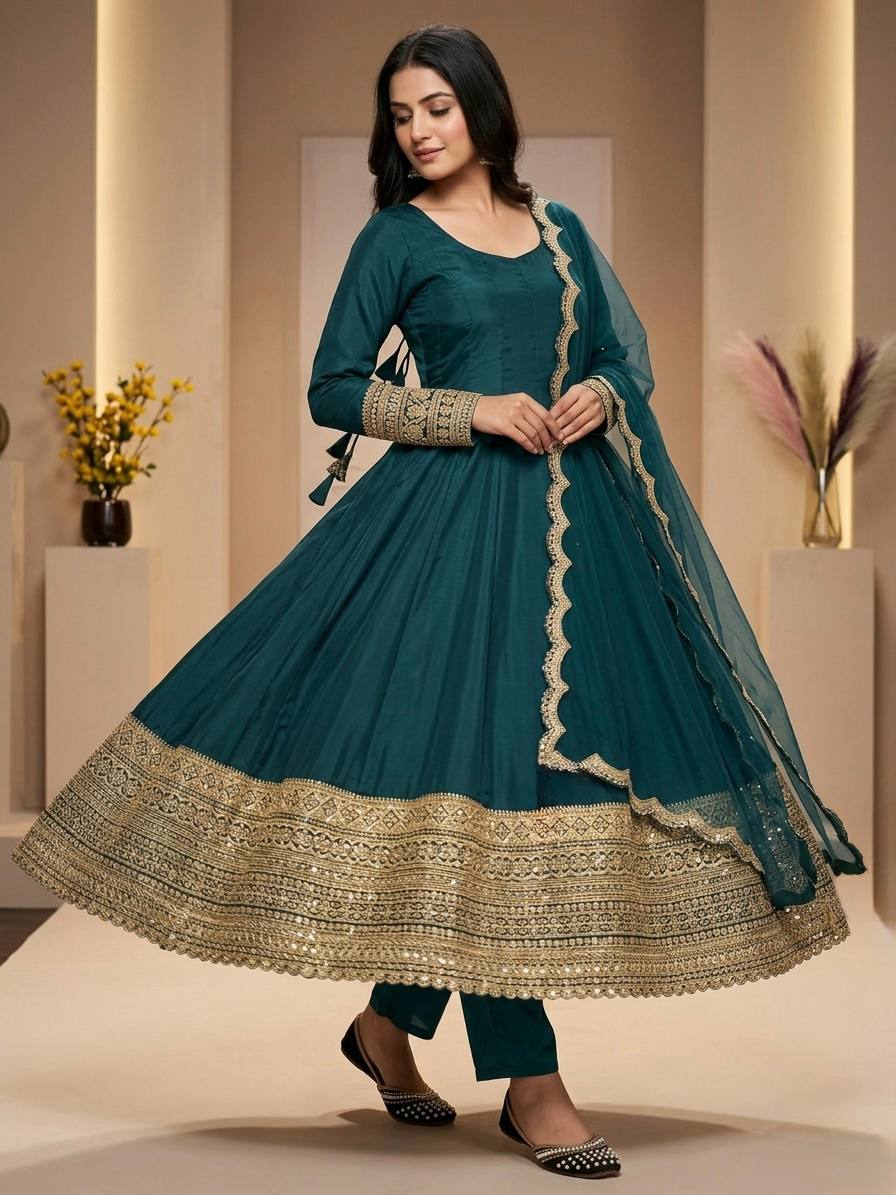 Deep Teal Green Anarkali Kurta with Heavy Gold Zari Border, Pants & Scalloped Dupatta | Festive Ethnic Wear