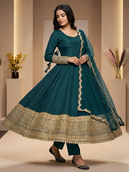 Deep Teal Green Anarkali Kurta with Heavy Gold Zari Border, Pants & Scalloped Dupatta | Festive Ethnic Wear