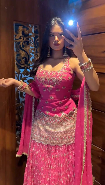 Women's Pink Embroidered Sharara Suit Set with Dupatta | Festive & Bridal Wear