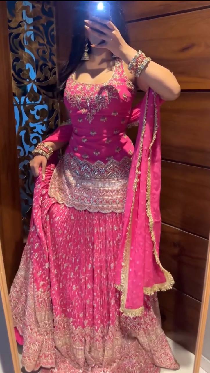 Women's Pink Embroidered Sharara Suit Set with Dupatta | Festive & Bridal Wear