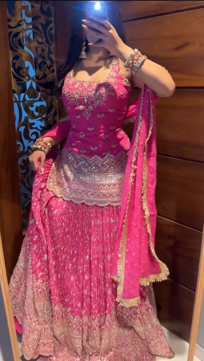 Women's Pink Embroidered Sharara Suit Set with Dupatta | Festive & Bridal Wear