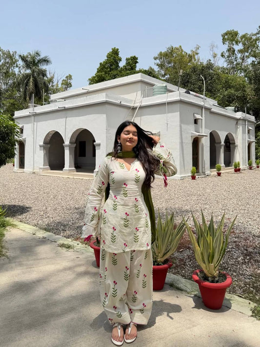 Women's Off-White Floral Printed Cotton Kurta Salwar Suit Set with Olive Dupatta